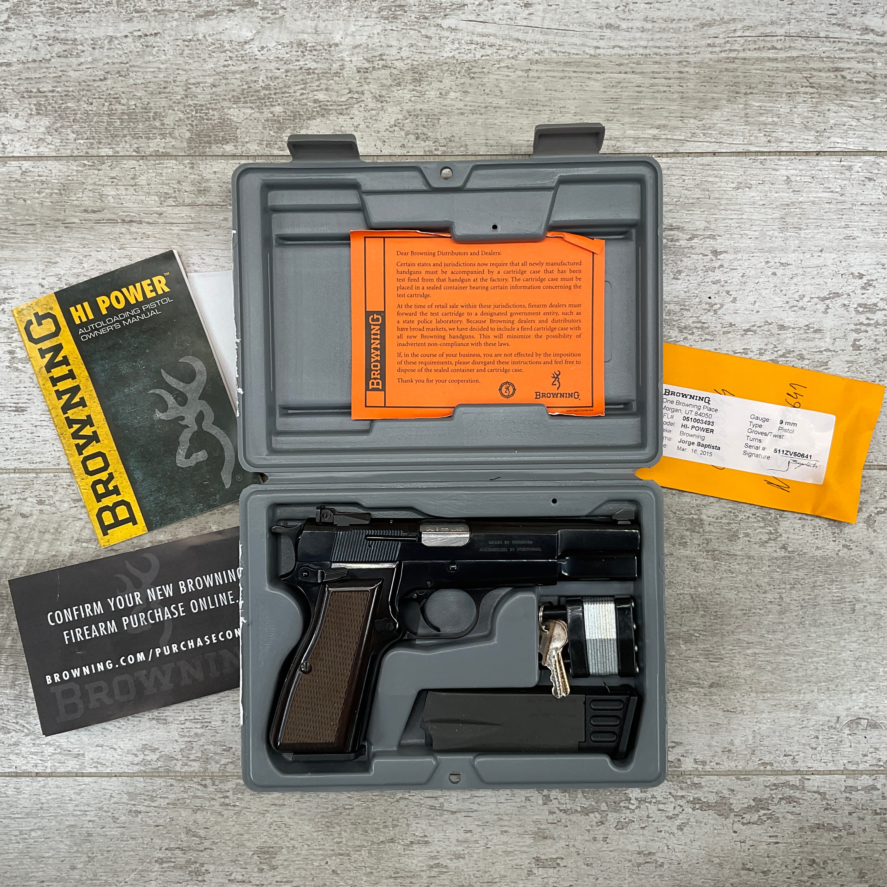 BROWNING 9MM HI POWER, LIKE NEW W/GREY PLASTIC BOX, MINTY